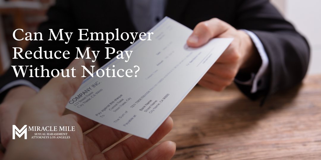 Can My Employer Reduce My Pay Without Notice text on top of paycheck image