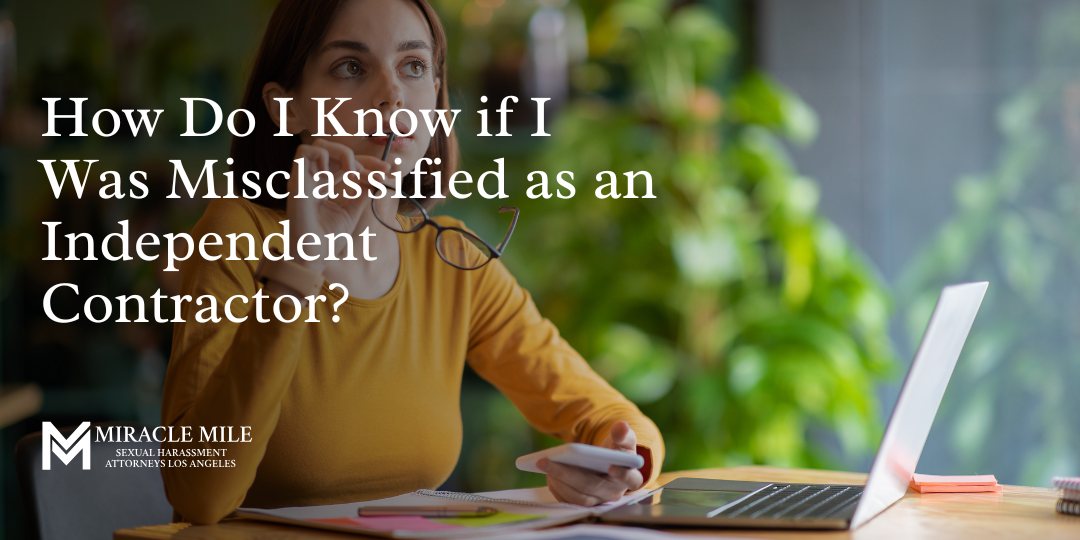 Misclassified as an Independent Contractor text on top of a woman thinking